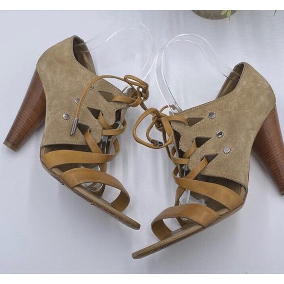 TOD'S Tan Cutout Leather Paneled Two Toned Suede Cone Heeled Sandals Sz 39/US 8 - Picture 5 of 13